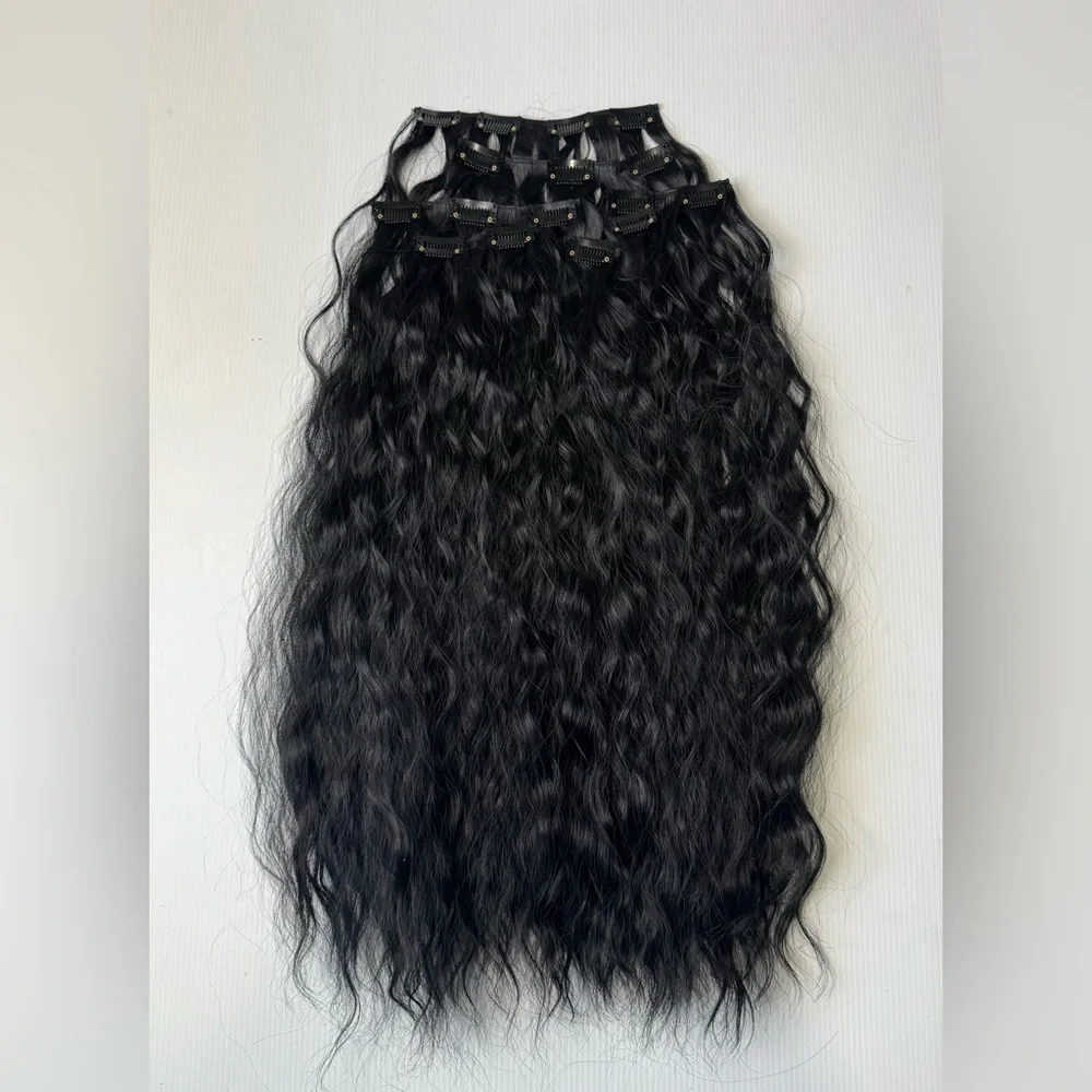22” Black Curly  Clip-In Hair Extensions Human Hair Blend Full Set with‎ Clips